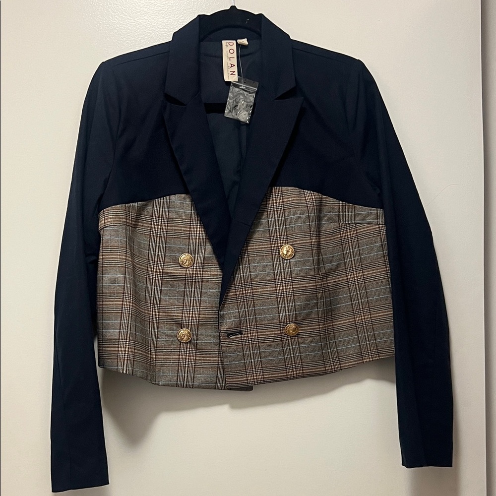 Dolan Women's Blazer with Navy and Plaid Design